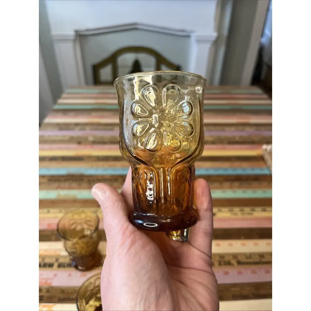 Vintage Libbey Amber Brown Country Garden Daisy Juice Glasses Tumblers Set Of 4
